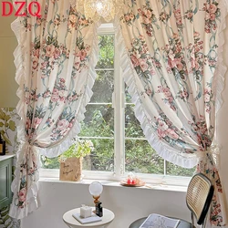 Idyllic French Retro Flowers Door Curtains Cloth Floral Warp Ruffled Gauze Curtains for Kitchen Retro Beige Lace Curtains #A397