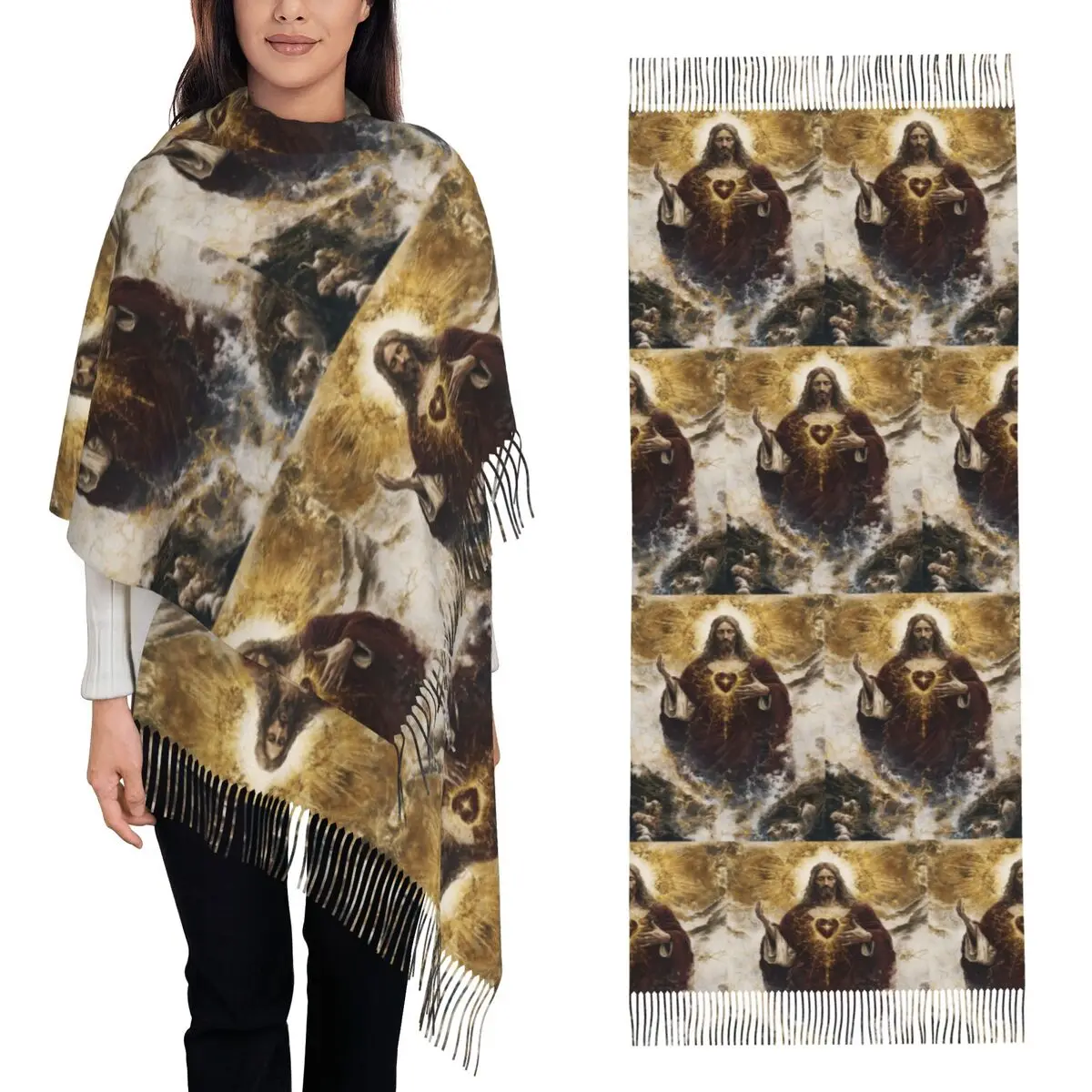 

Иисус Христос Ангельское Сердце Религиозный Дизайн С Розами и Золотыми Акцентами Шарф Шарфы с Кисточками Шали и накидки Большая шаль