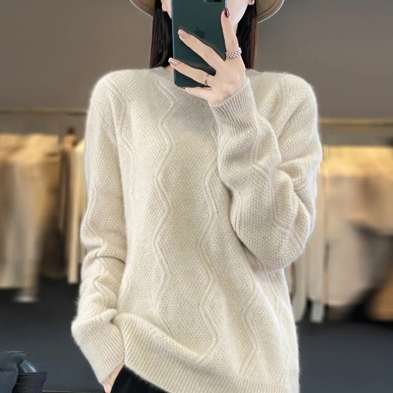 100% Wool Knitted O-Neck Thick Sweaters Women Winter Strip Pattern Long Sleeve Warm Soft Pullovers Solid Korea Fashion Coat Top