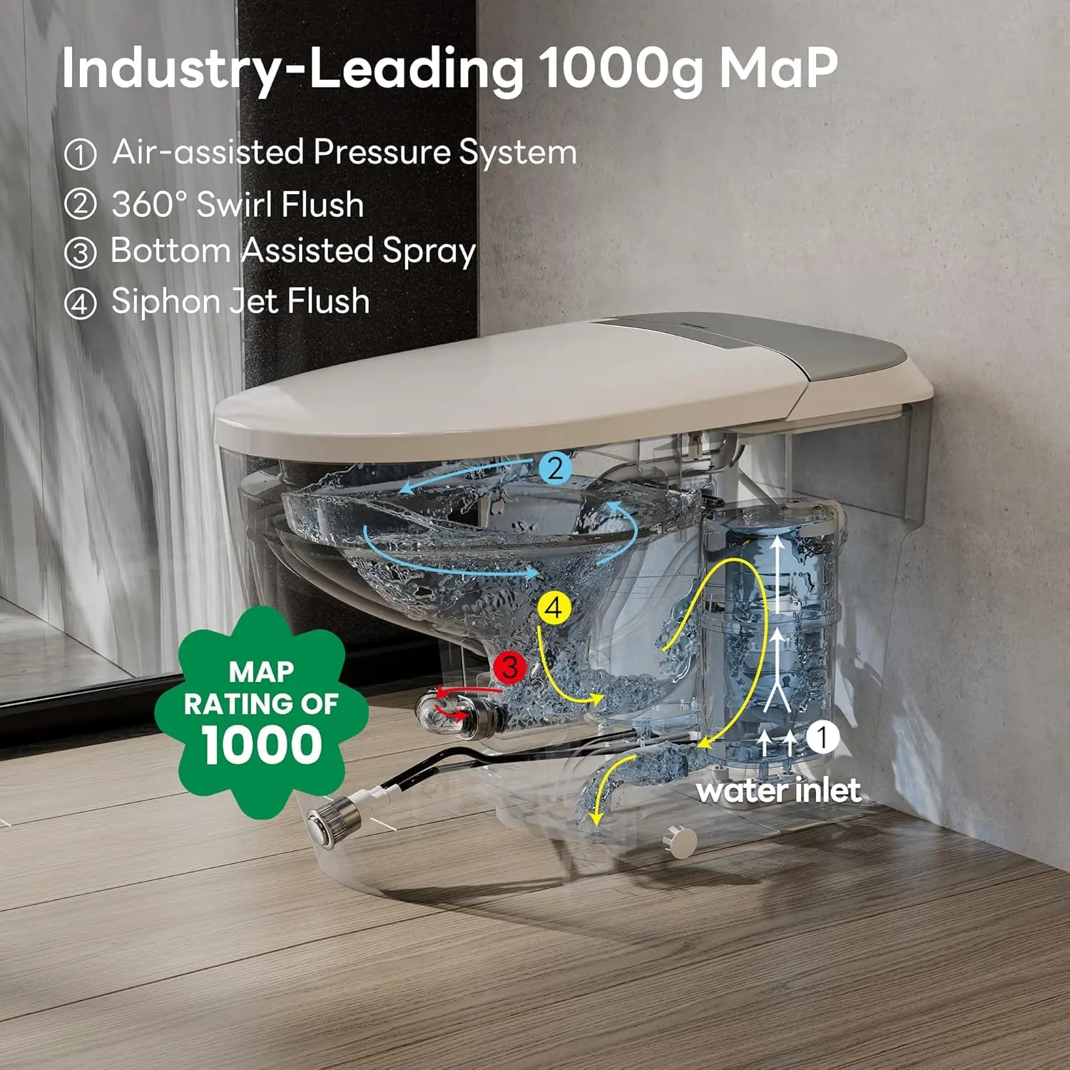 Inodoro Inteligente Alargado No Eléctrico CD-W10V-SI, Descarga Map, 1000 Gramos, Altura de Confort ADA, Aire Incorporado, Personalizable