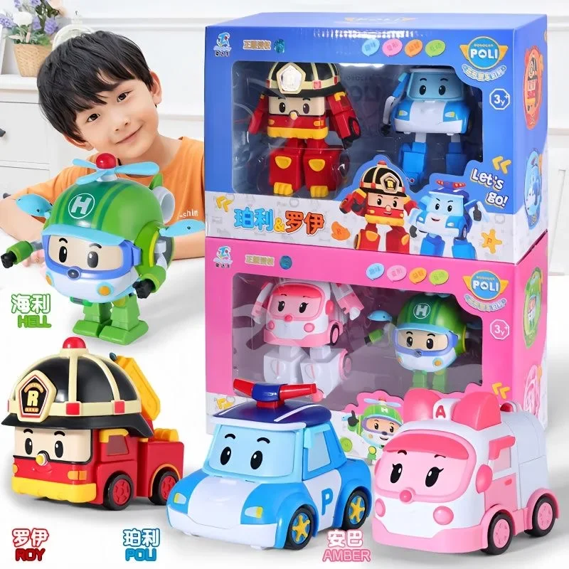 2pcs/set Poli Car Transform Vehicle Robot Toy Poli Amber Roy Action Figure Transform Bus Cartoon Kid Toy Birthday Children Gifts