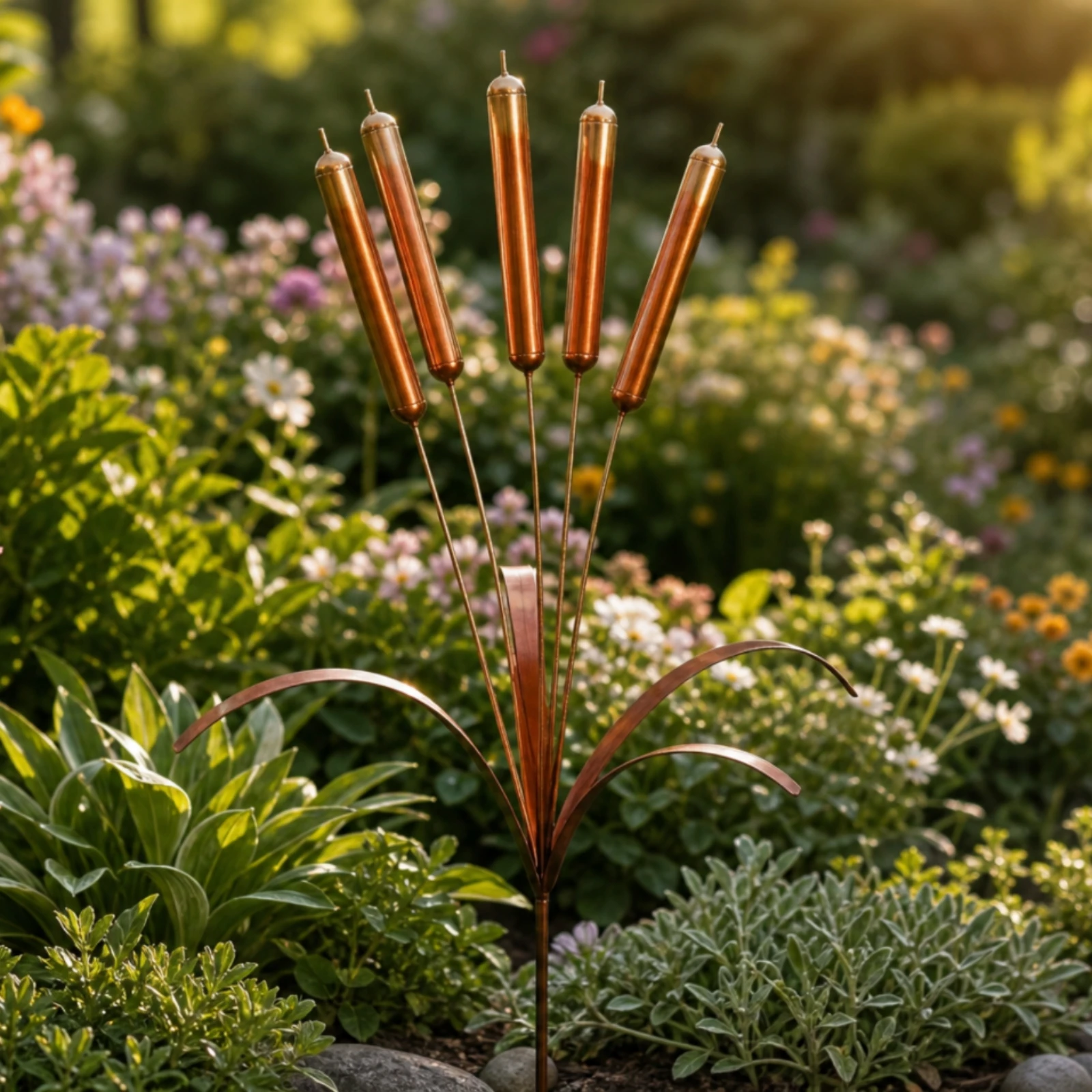 5 Pieces Metal Wind Chimes with Stake Copper-Toned Cattail Wind Chimes Cattail Garden Stake Outdoor Yard Art Easy to Place