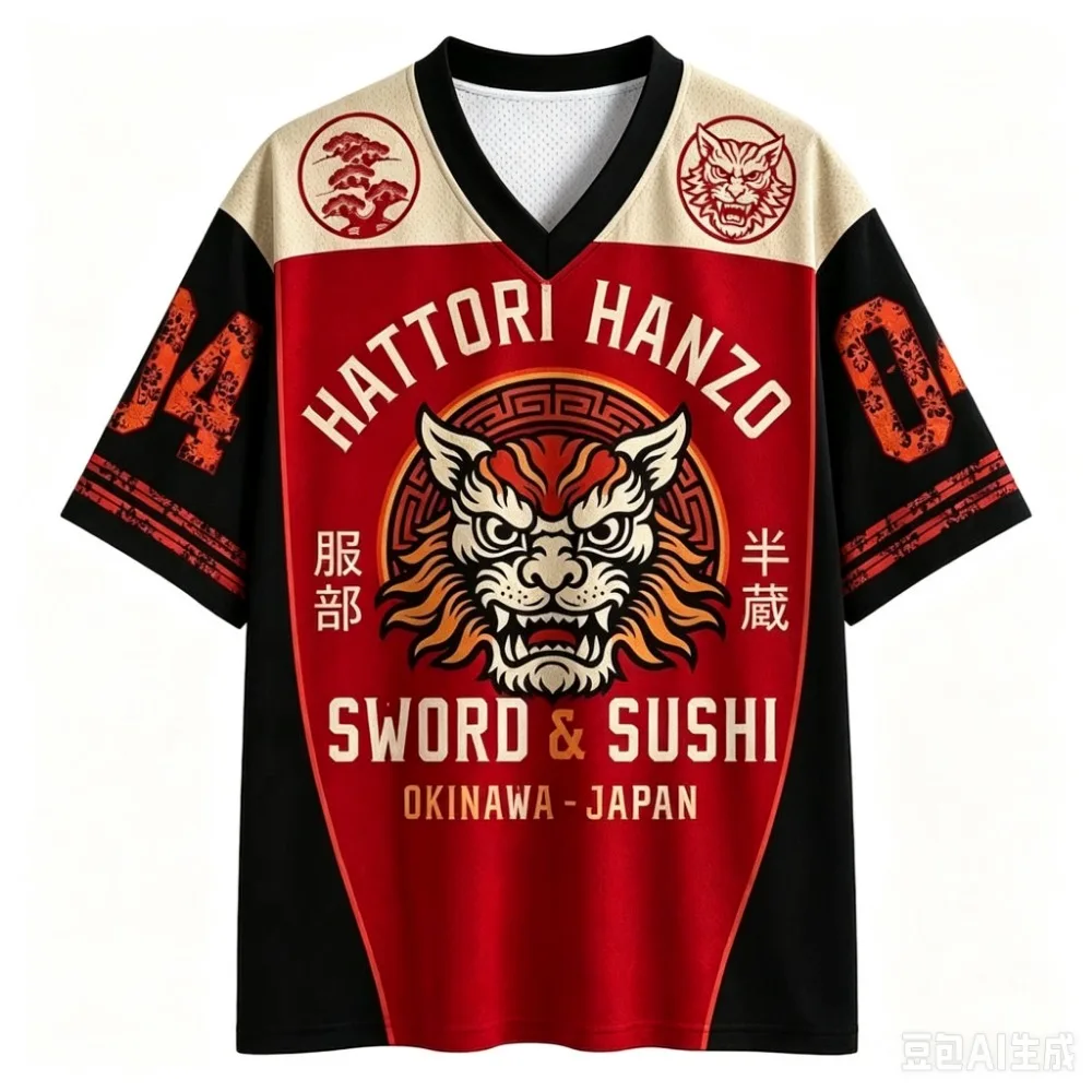Hattori Hanzo Japanese Tiger Vintage Distressed Mesh Jersey Unisex Japan Samurai V Neck Short Sleeve Loose Streetwear Top