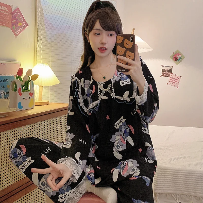 Disney Stitch autumn new bubble cotton pajamas female sweet princess style long sleeve fat plus loungewear set