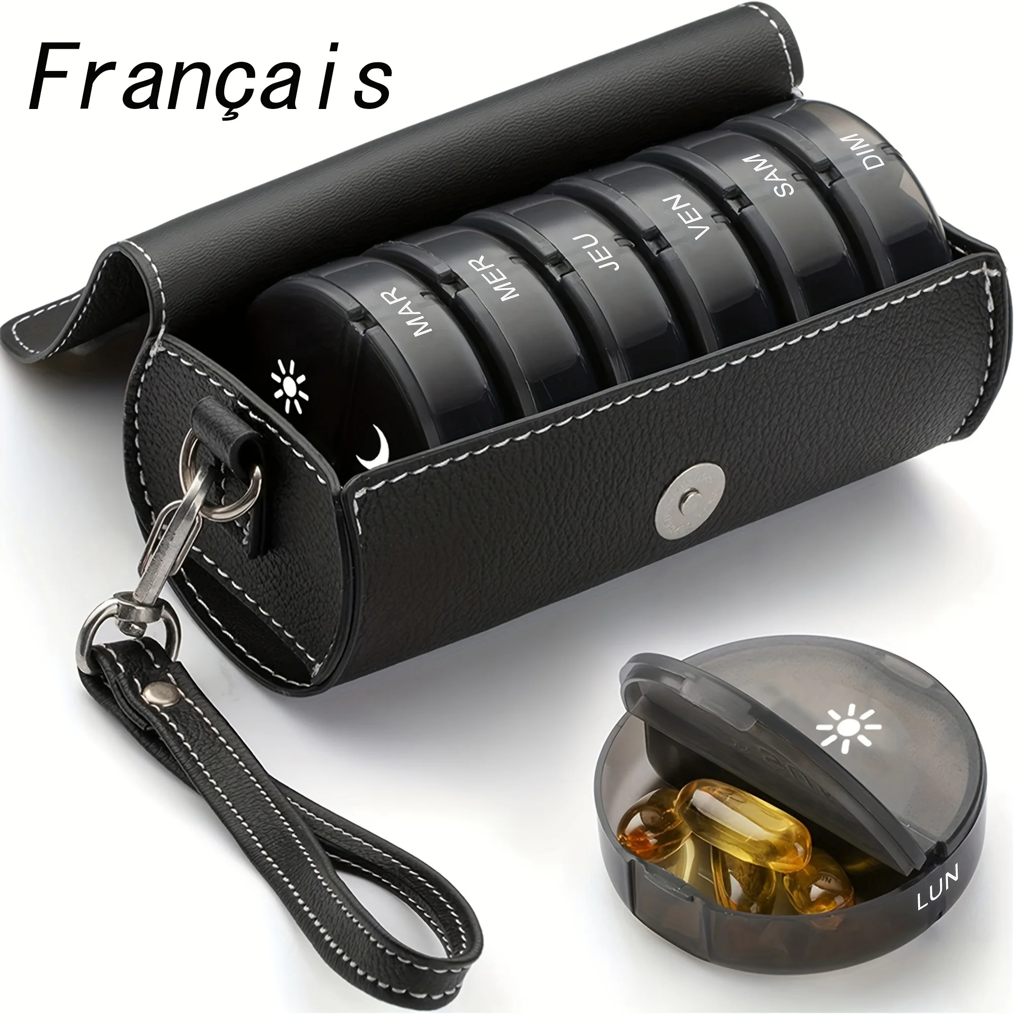 

(French printing)Weekly Pill Organizer 2 Times a Day 7 Day Pill Box with PU Leather Case Portable Travel Medication Container