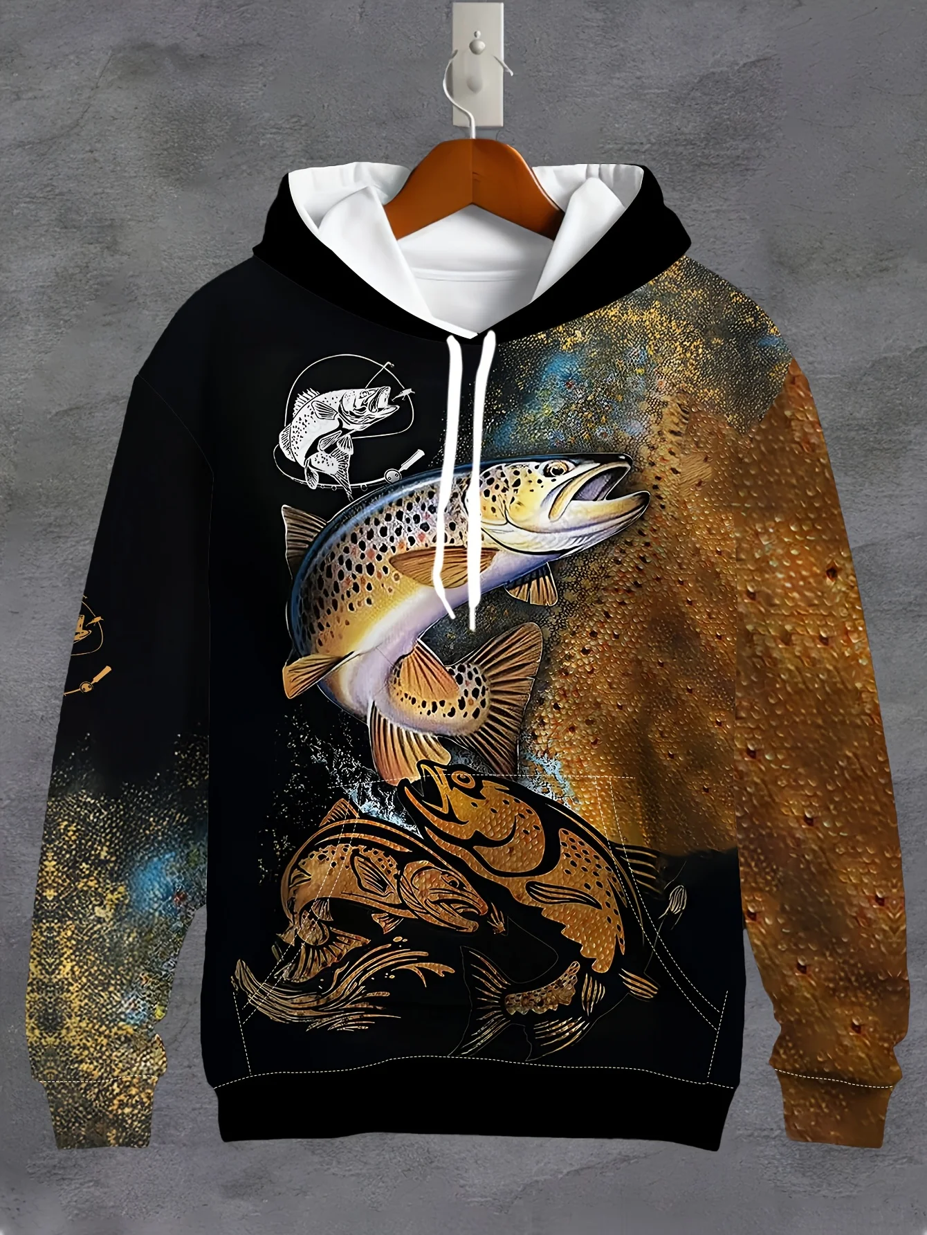 Sweat à capuche décontracté imprimé tête de poisson 3D pour hommes |   Sweat-shirt avec détail zippé, adapté au printemps/automne, coupe régulière, légèrement extensible