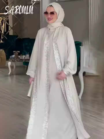 Fashionable Muslim Women Robe Shiny Details Evening Dress Abaya Long Sleeves Jacket Elegant Party Glamorous Prom Gown