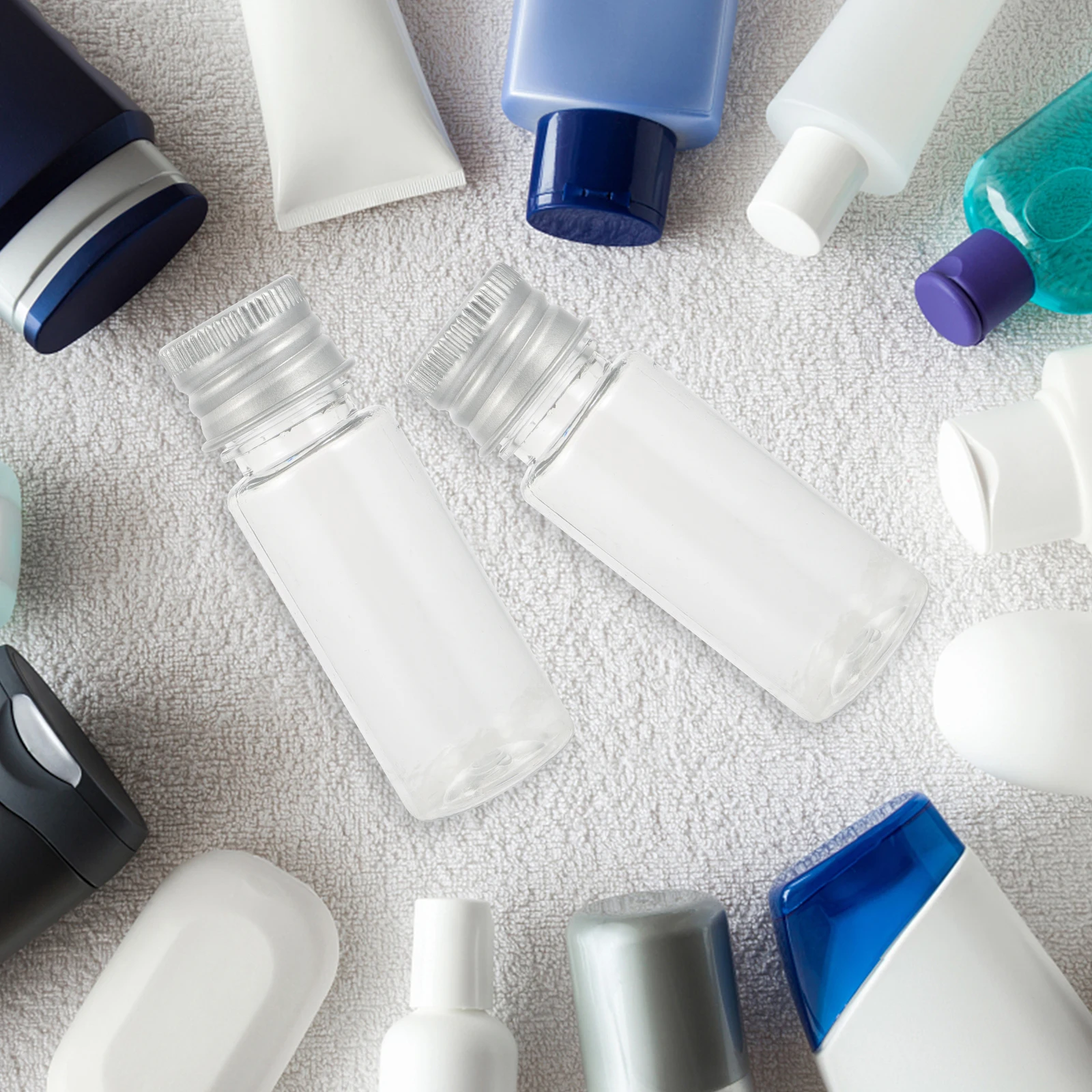 

30pcs Empty Aluminum Caps Plastic Bottles Transparent Dispensing Travel Size Leak Proof Lids For Lotion Shampoo Storage