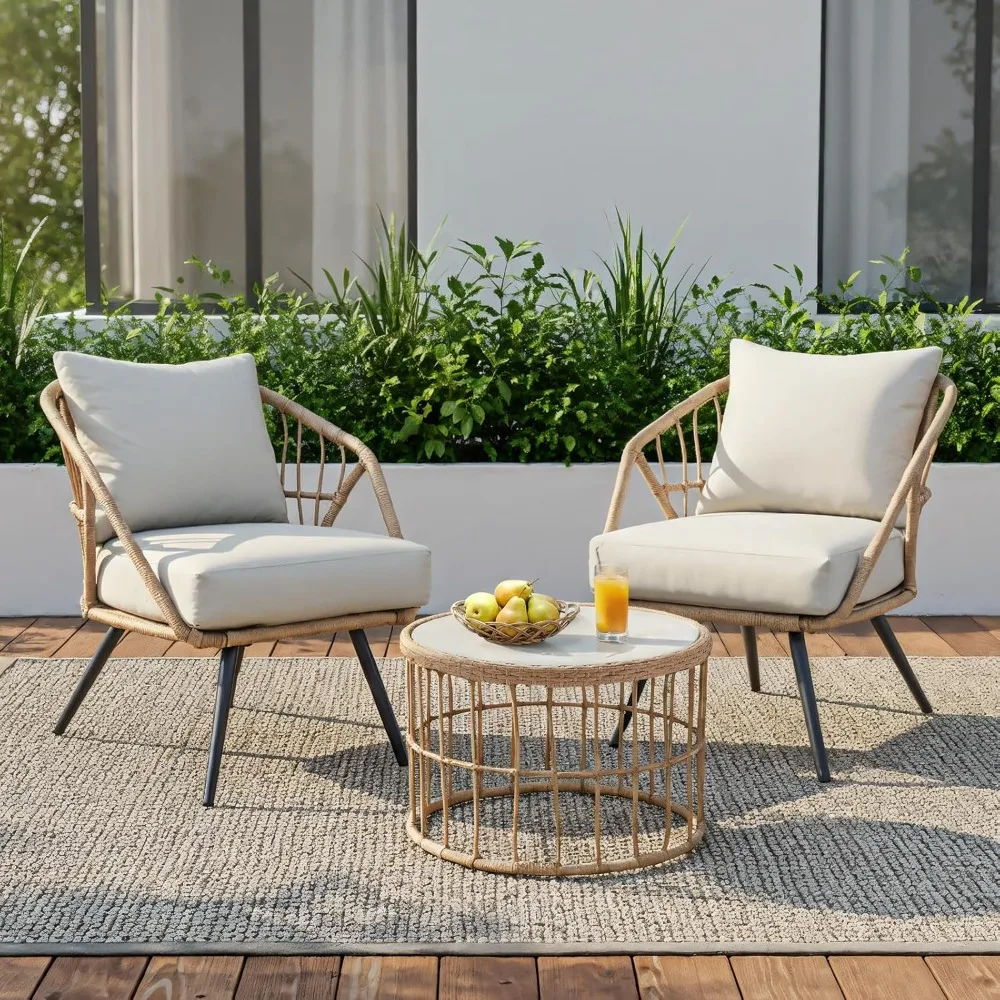 

Outdoor Patio Furniture, PE Rattan Wicker Armchairs & Coffee Table, Bistro Set with 4.7" Thick Cushions, Customized