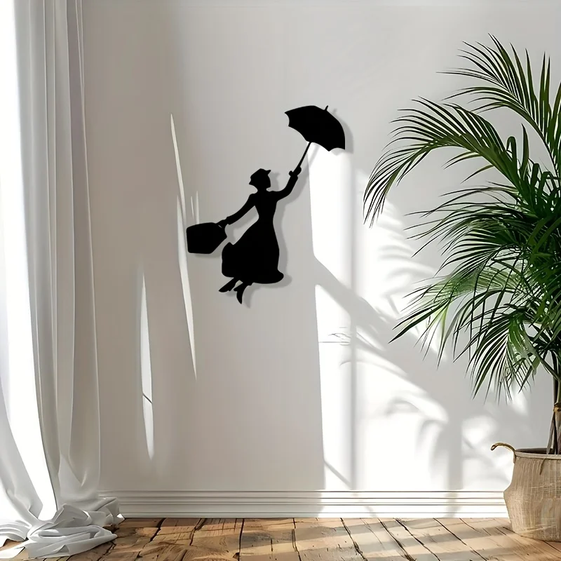 Arte Metálico Plano 2D de Mary Poppins para Pared, Decoración de Silueta de Hierro para Interiores y Exteriores, Decoración Clásica Británica para el Hogar