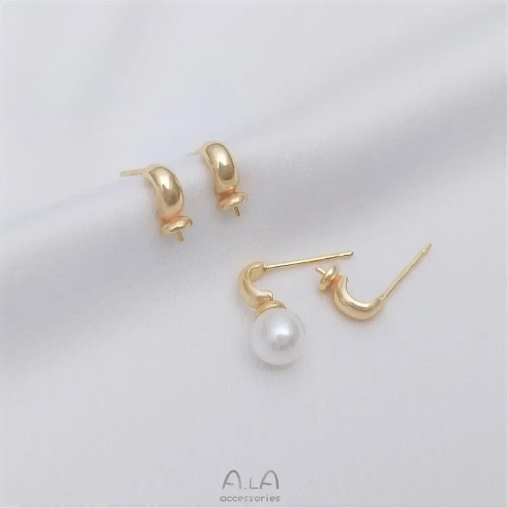 14K gold plated small C-shaped half hole pearl earrings 925 silver needle diy adhesive crystal pearl hollow earrings