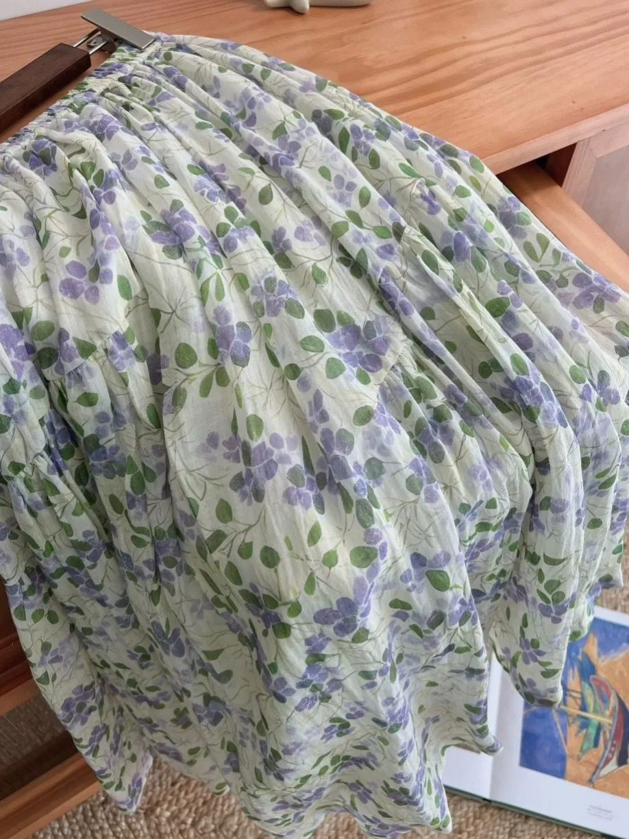 

Summer Cotton Linen Midi Skirt Women's A-Line Cake Skirt Slimming High Waist Irregular Floral Print Versatile Sle
