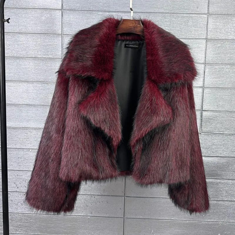 Women Solid Color Faux Fox Fur Coat Toka Plush Texture Lapel Collar Loose Fit Short Outerwear Long Sleeve Fashion
