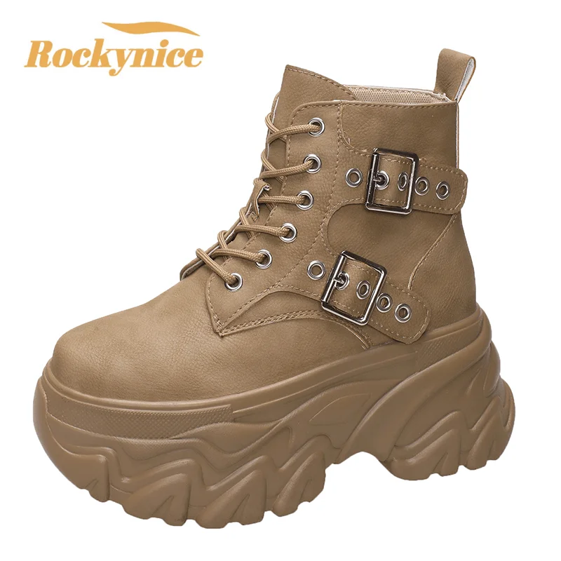 

Women's High Platform Motorcycles Boots Autumn Winter 8CM Heels Ankle Combat Boots New Chunky Leather Sneakers Buckle Punk Boots