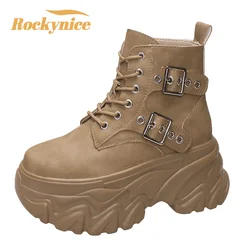 Women's High Platform Motorcycles Boots Autumn Winter 8CM Heels Ankle Combat Boots New Chunky Leather Sneakers Buckle Punk Boots