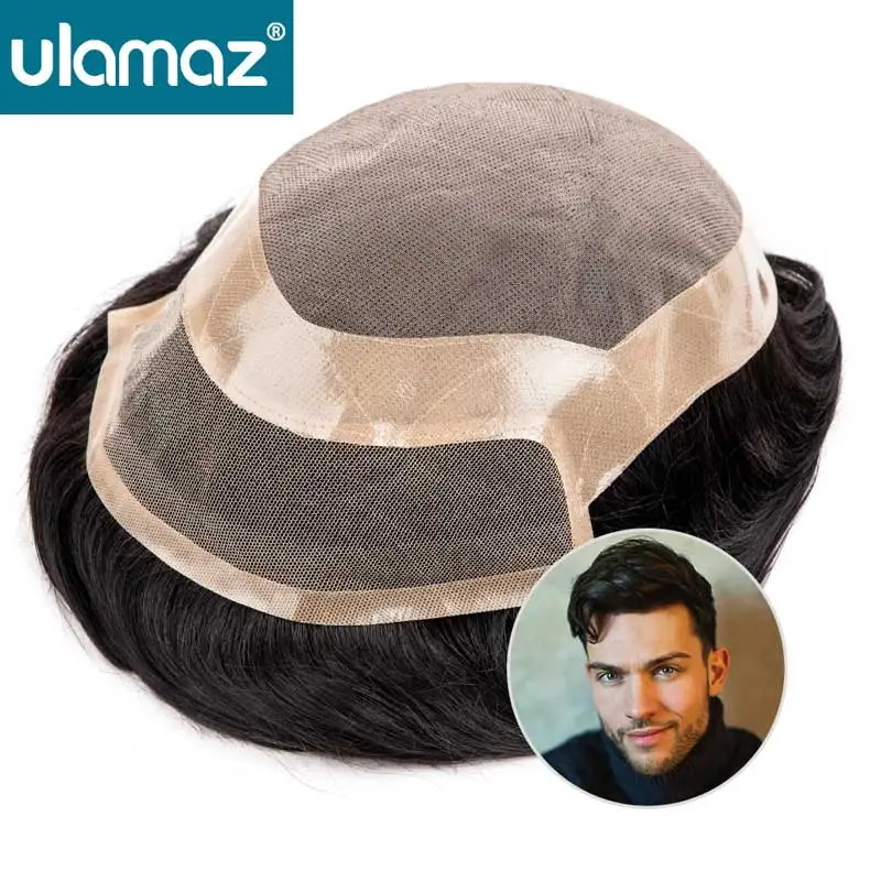 

Mono Lace Man Wig French Lace Front Toupee Human Hair NPU Around Male Hair Prosthesis Natural Men's Hair System 6" Wigs For Men