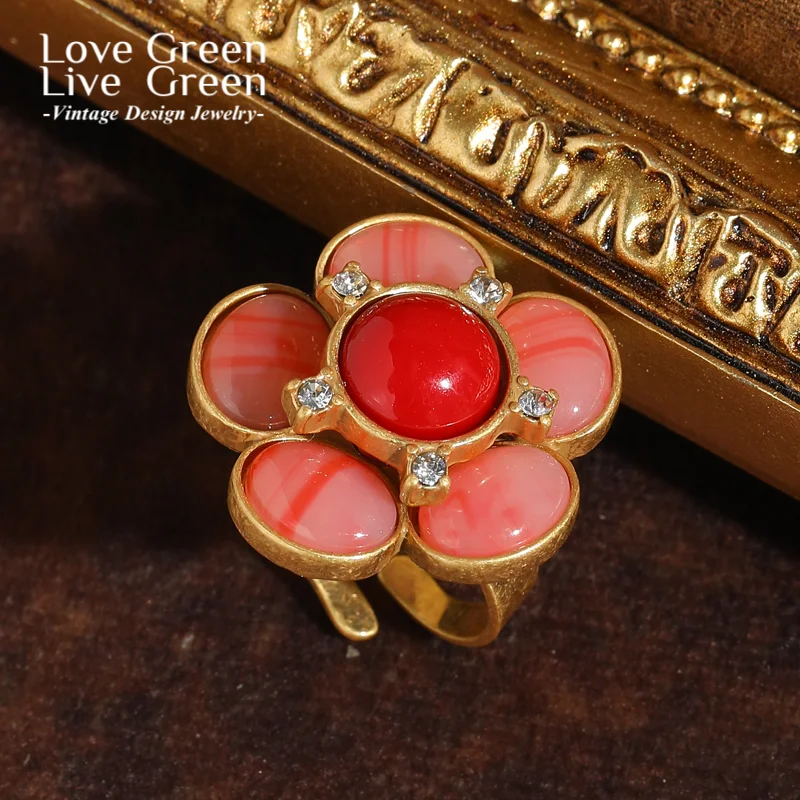 

Винтажное розовое кольцо с цветком из натурального камня золотого цвета, регулируемые роскошные ювелирные изделия, подвески, модные модные свадебные украшения на День Благодарения для женщин