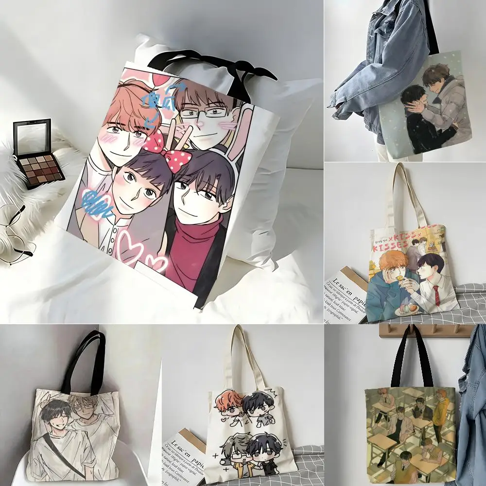 Sweet Romantic Kisses Pattern Storage Bags Casual Portable Shoulder Bag Lightweight Shopping Bag Reusable Linen Bag