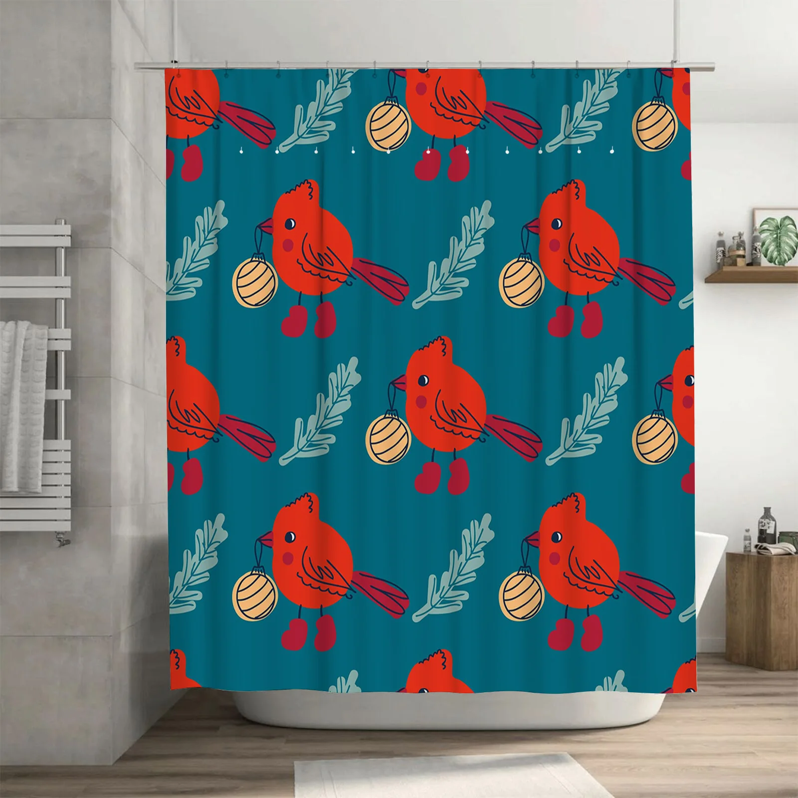 Red Cardinal Fish Pattern Shower Curtain Waterproof Home Decoration Printed Bathroom Curtains Blue