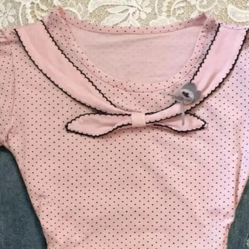 Y2k Clothes T Shirt For Women Polka Dot Sweet Spring Summer Slim Fit Ropa De Mujer Japanese Style Vintage Cropped Tops