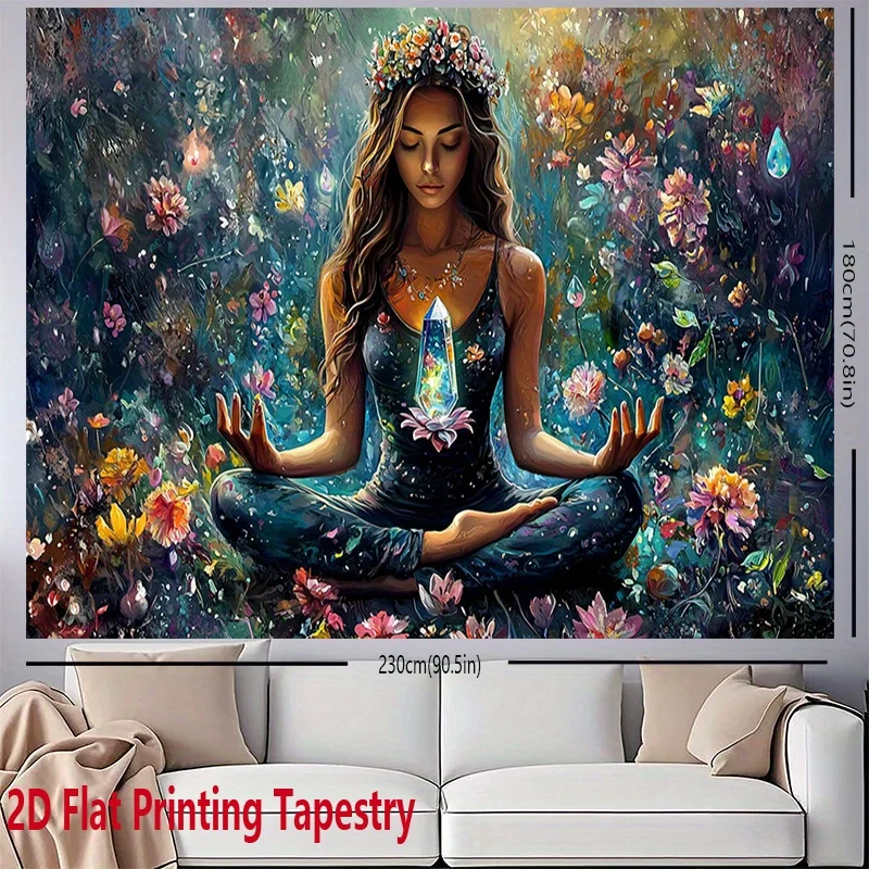Bohemian Floral Goddess Meditation Tapestry Wall Hanging Polyester Art Print Boho Living Room Decor Mystical Spiritual Fantasy