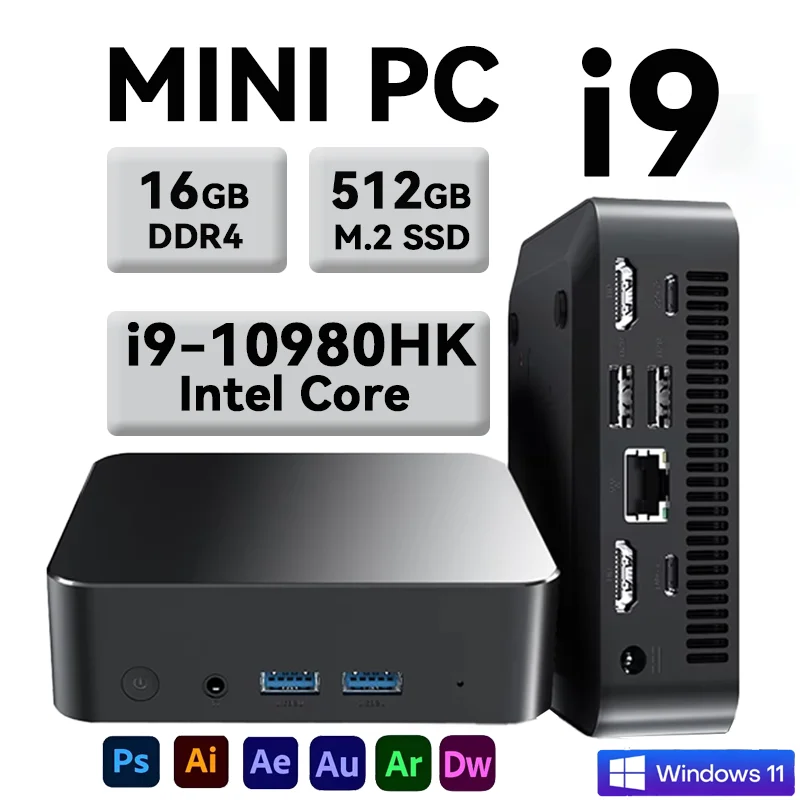 

Мини-ПК с Windows 11 Pro, процессором Core i9 10980HK, компактный карманный компьютер, 16/32 ГБ ОЗУ, SSD 1/2 ТБ, 4K 60 Гц, Wi-Fi 6, игровой настольный ПК, портативный.