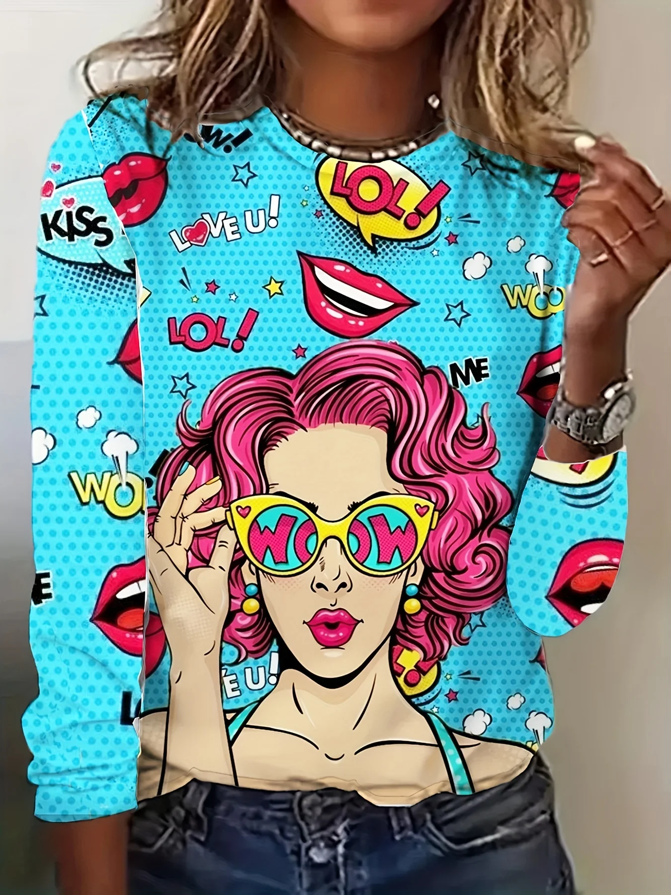 Women\'s T-shirt Kiss The Girl pattern Printed Long Sleeve Tops New Fashion Casual Oversized T Shirt Anniversary Gift Clothing