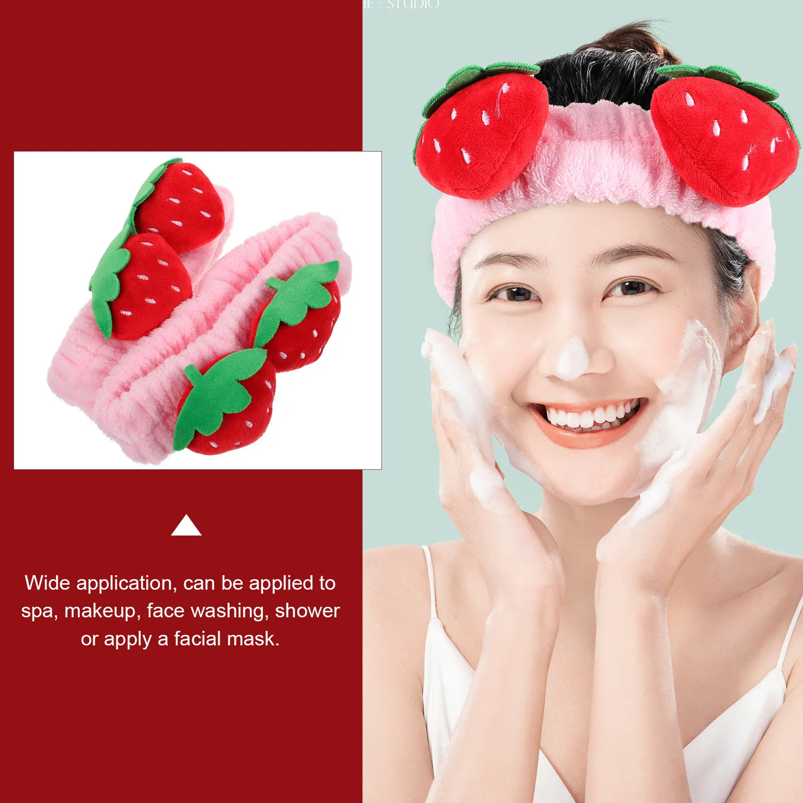 2Pcs Strawberry Headband Cute Kawaii Hair Accessory for Women Girls Face Washing Makeup Spa Skincare Shower Facial Mask Use