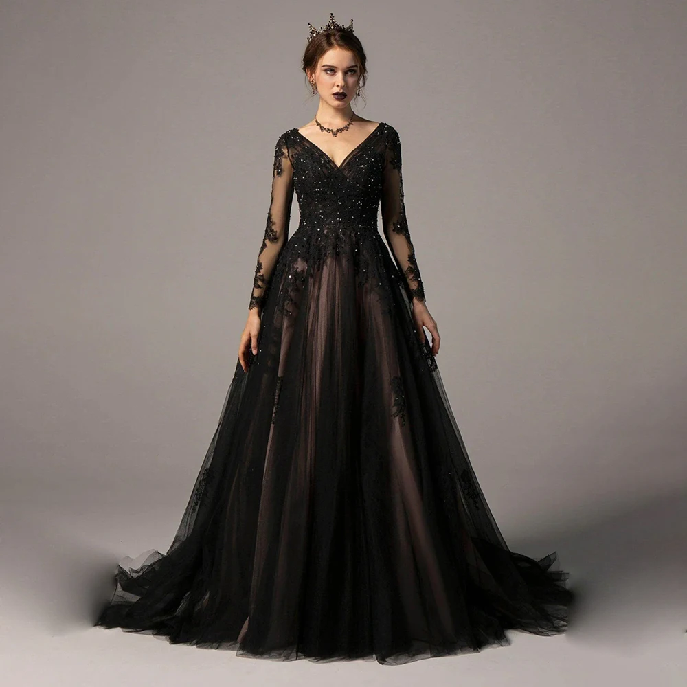 

2026 Women's Formal Evening Gowns V Neck Long Sleeve Appliques A Line Evening Dresses Elegant Party Gowns Vestidos De Noche