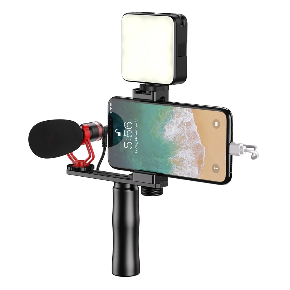 Vlogging Equipment Handle Grip Tripod Microphone Photography Fill Light 4 in 1 Vlogging Kit for Iphone