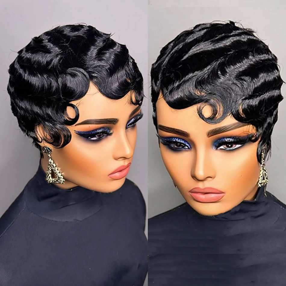 شعر مستعار قصير موجة الاصبع للنساء أسود عابث قطع الباروكات 100% شعر الإنسان الأم الباروكات شعر ريمي آلة صنع الطبقات موجات المحيط شعر مستعار #1