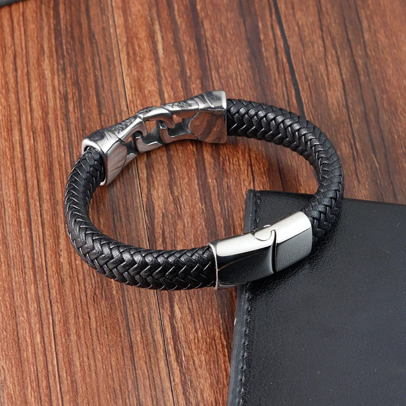 Vintage Stainless Steel Totem Jewelry Hip-Hop Genuine Leather Weave Viking Bracelet for Men Party