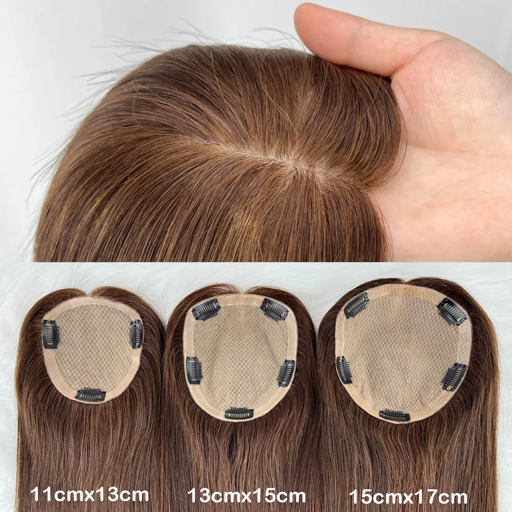 13x15cm Medium Brown Topper Human Hair Silk Base Soft Breathable 100% Virgin European Hair Silk Top With Clips in for Women