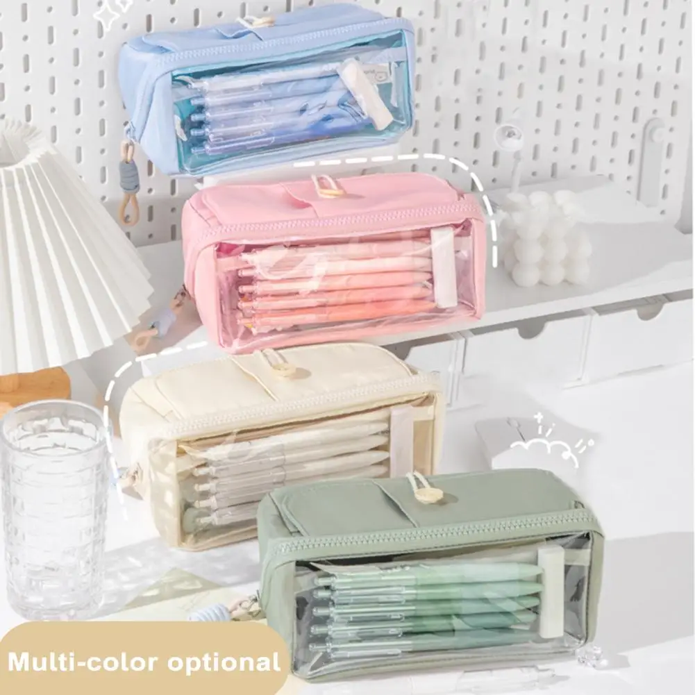 حافظة أقلام شفافة ناعمة الملمس ، متينة متعددة الاستخدامات ، 3 طبقات ، منظم قرطاسية السعة ، قلم اللوازم المدرسية