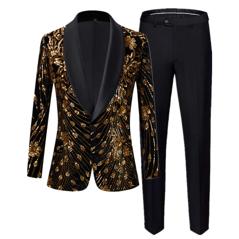 Fashion Brand Male Sequin Suit 2 Piece Red / Blue / Black Men Luxury Wedding Prom Party Blazer Jacket and Pants