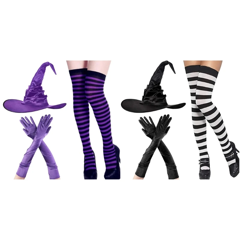 

Women Witch Costume Ruched Wizard Hat Striped Socks Long Gloves Halloween Cloche Hat Adults Holiday Cosplay Party Suit