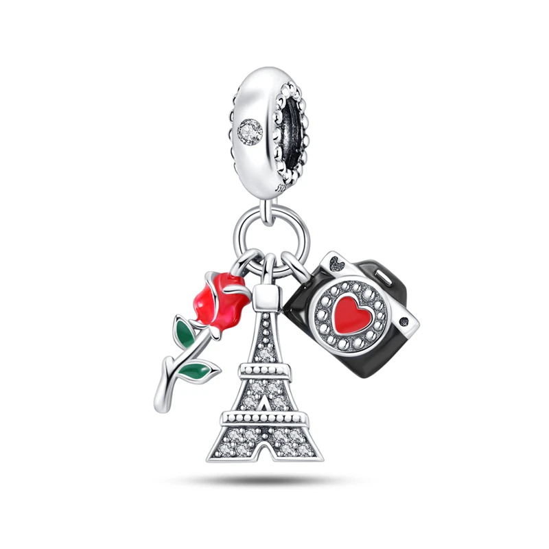 925 Sterling Silver 3Pcs Rose Tower Camera Charms Beads Zircon Dangle Fit 3mm Original Bracelet DIY Women Party Jewelry Gifts