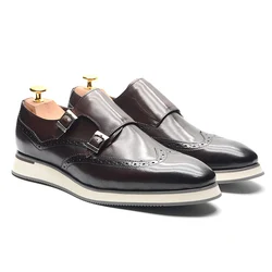 Europejskie luksusowe męskie trampki z prawdziwej skóry bydlęcej pasek mnicha podstawowe podwójne klamry Wingtip Brogue Casual Office Party męskie buty