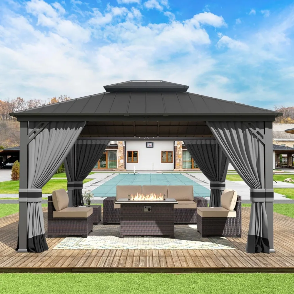 

12' X 14' Hardtop Gazebo with Curtains and Netting, Double Roof Iron Metal Pergola for Patio