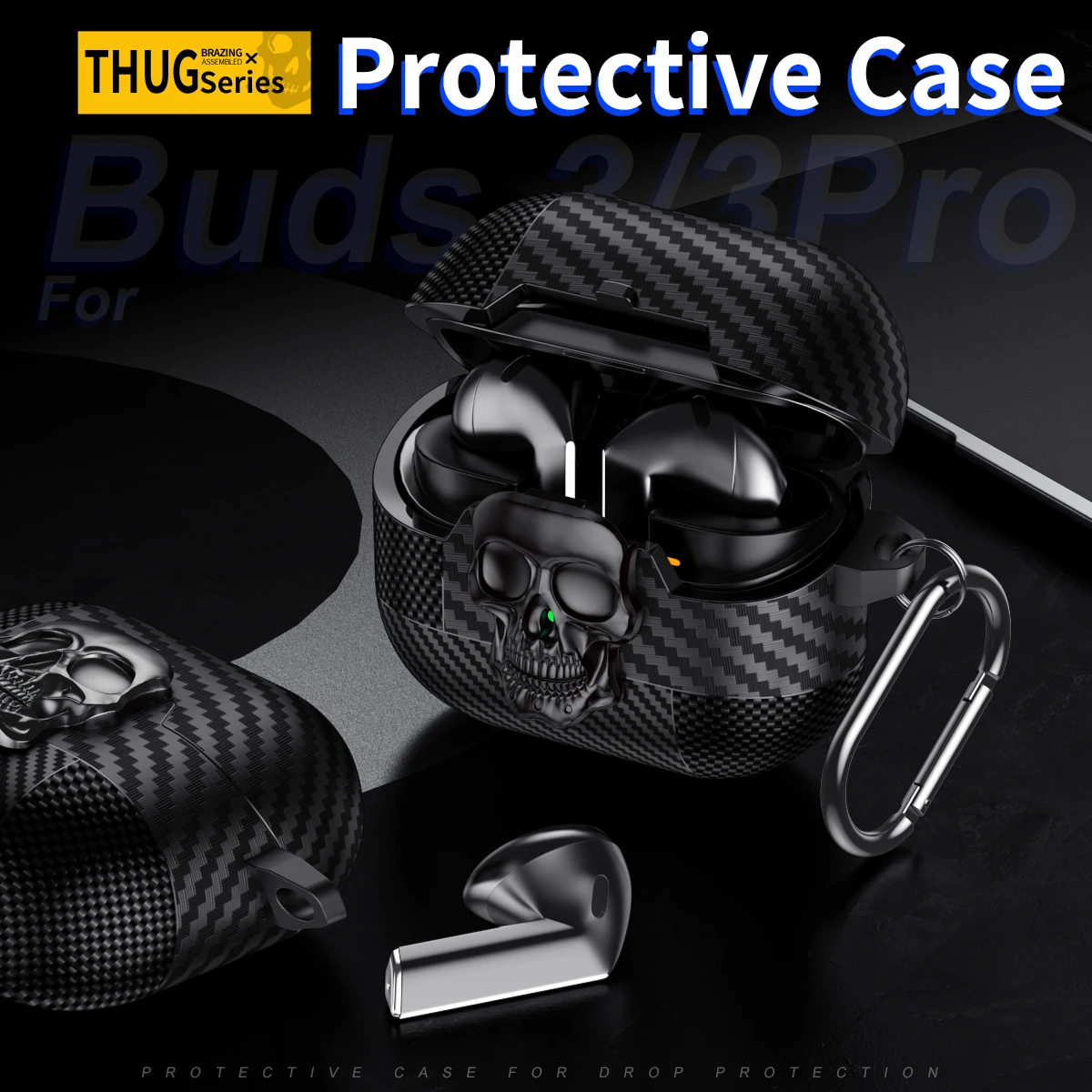 Case for Galaxy Buds3 & Buds3Pro with Swivel Lock Metal Hook High-end Manufacturing Shock-resistant Fashionable Skull Style Case