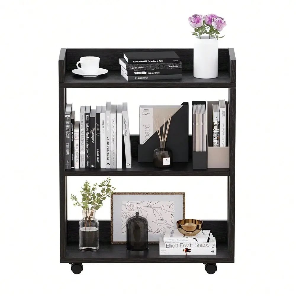 

Mobile Bookshelf With Wheels 3 Tier, Wooden Small Bookcases For Small Spaces, Narrow Book Shelf Organizer For Bedroom, Living R