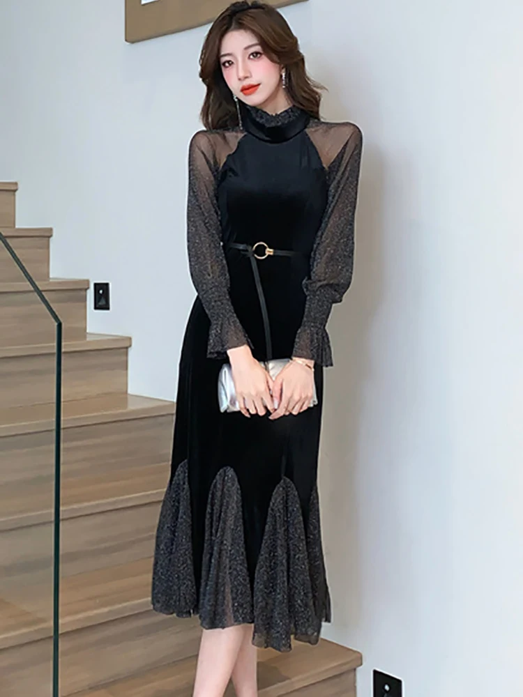 Black Velvet Patchwork Mesh Sheer Sexy Women's Dress Autumn Winter Elegant Ruffled Mermaid Dress 2024 Korean Luxury Party Dress