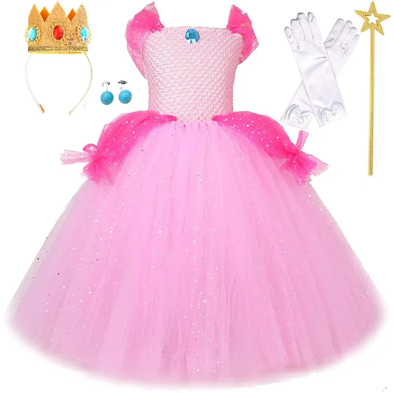 Costumi scintillanti da principessa super pesca per ragazze Scintillanti rosa Abiti foderati a figura intera Bambini Carnevale di Natale Tutù lunghi Ou @ 0Z *
