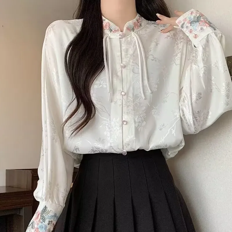 

Новинка 2023 года, женская рубашка с вышивкой Hanfu, лето-осень, жаккардовая рубашка, женские блузки, женские топы, офисная женская элегантная одежда