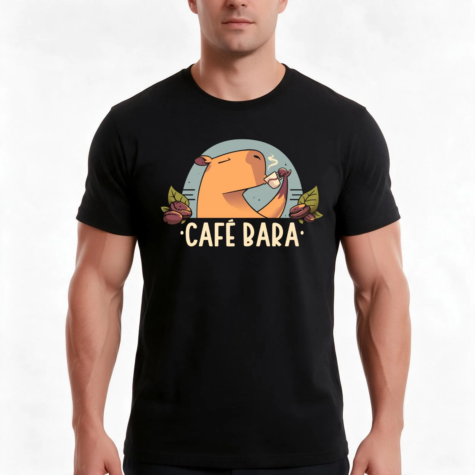 CafeBara - Cute Coffee Capybara T-Shirt, Summer Casual Cotton Tee, Oversized Streetwear Tops, Vintage Graphic Print, 100% Cotton