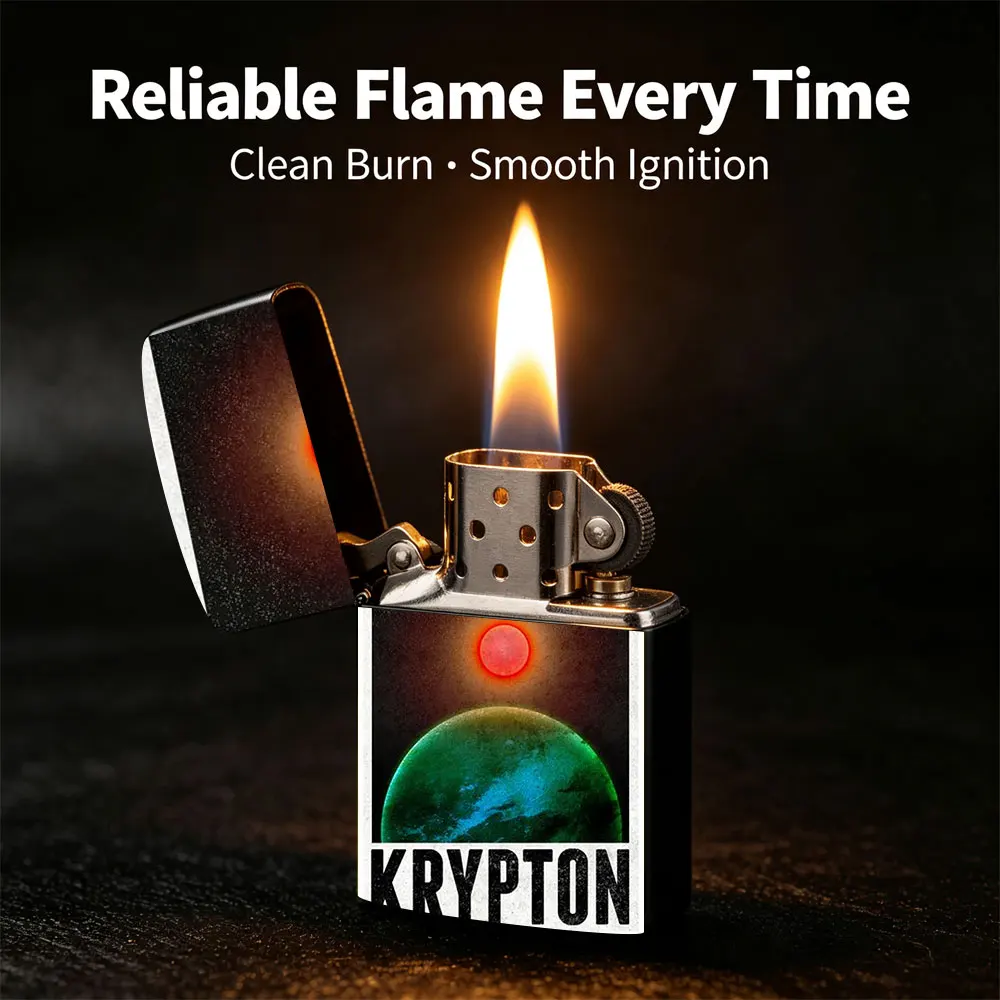 Pocket Lighter, Flip-Top Windproof Design, Metal Shell, Red Sun over Green Planet Print, Comfortable Grip, Portable & Durable