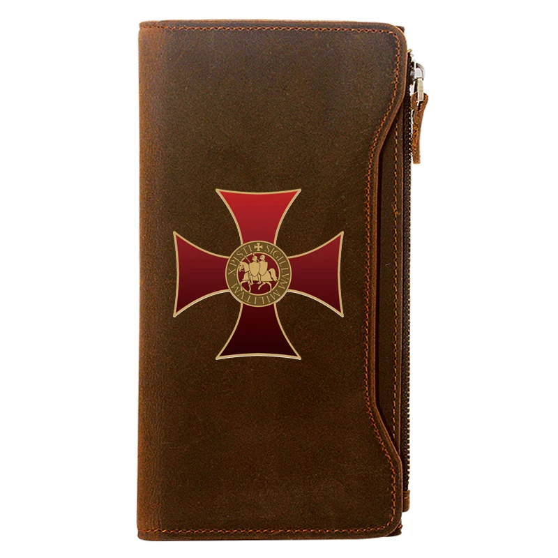 Knights Templar Cross Printing Men Long Wallets Zipper Large Capacity Genuine Leather Male Purse Clutch Bag BI066