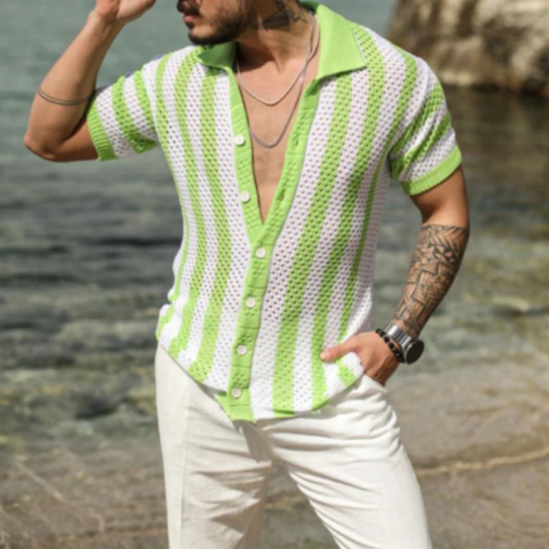 Casual Loose Short Sleeve Hollow Out Shirts Knitted Mens Striped Patchwork Beach Shirt Cardigan Men Summer Fashion Lapel Shirts