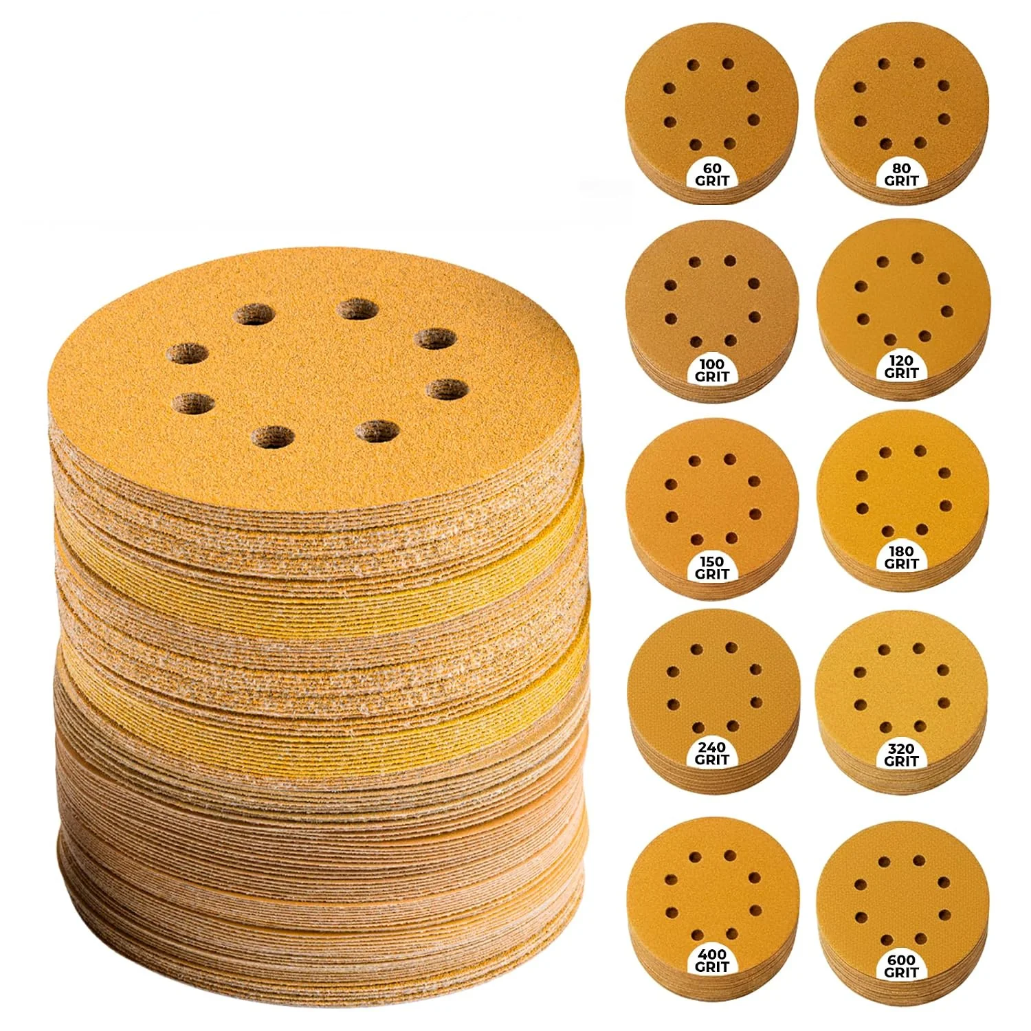 100Pcs 5 Inch 8 Holes Hook and Loop Sanding Discs Mixed 60‑600 Grit Aluminum Oxide Sandpaper for Random Orbital Sander Wood