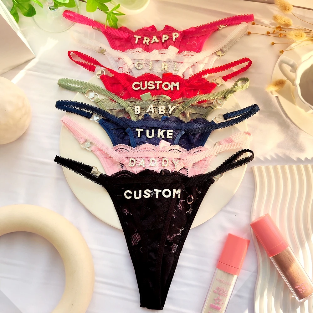 Personalized Name Rhinestone Lace Thong for Women Custom Gold Silver Crystal Letter G-String Lingerie Gift
